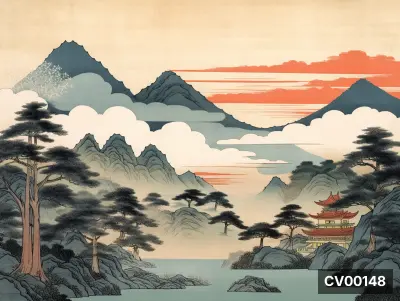 Tranh phong cách Nhật Bản: dãy núi xanh chàm, mây trắng, rừng tùng cổ trên núi đá, bảo tháp đỏ son bên hồ nước.