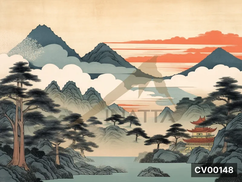 Tranh phong cách Nhật Bản: dãy núi xanh chàm, mây trắng, rừng tùng cổ trên núi đá, bảo tháp đỏ son bên hồ nước.