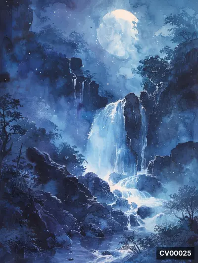 Trăng tròn sáng trên nền trời xanh đậm, thác nước đổ giữa núi đá, cây rừng bao quanh trong ánh sáng bàng bạc.