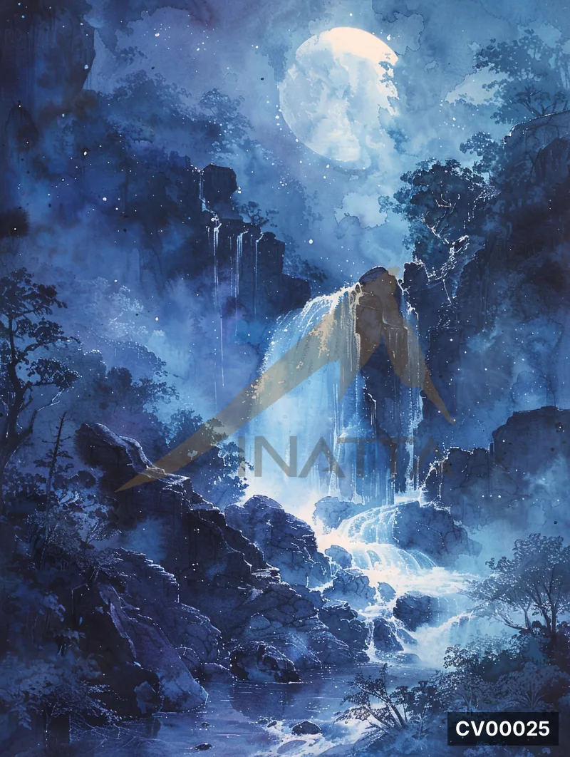 Trăng tròn sáng trên nền trời xanh đậm, thác nước đổ giữa núi đá, cây rừng bao quanh trong ánh sáng bàng bạc.