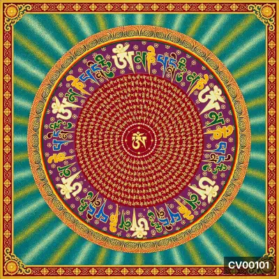 Mandala tròn với dòng chữ Tây Tạng nhiều màu, khung trang trí đỏ vàng trên nền xanh ngọc.