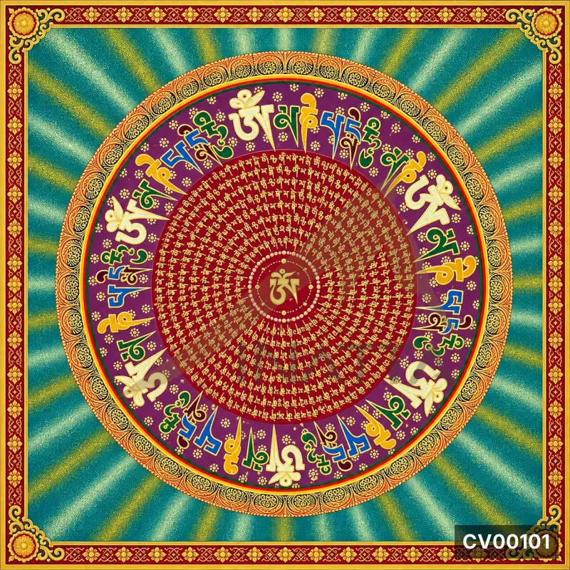 Mandala tròn với dòng chữ Tây Tạng nhiều màu, khung trang trí đỏ vàng trên nền xanh ngọc.