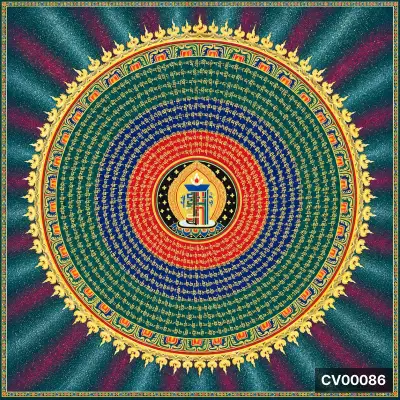 Mandala tròn nhiều lớp với chữ tiếng Tạng xanh, đỏ, vàng trên nền xanh sẫm xanh tím và viền hoa văn vàng.