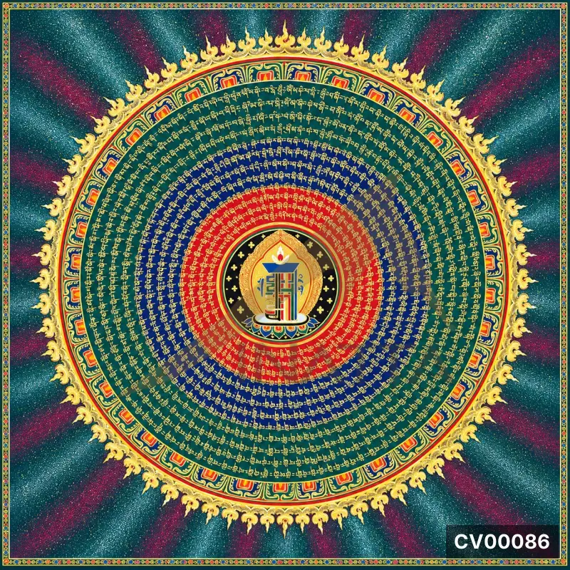 Mandala tròn nhiều lớp với chữ tiếng Tạng xanh, đỏ, vàng trên nền xanh sẫm xanh tím và viền hoa văn vàng.