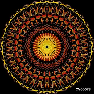 Họa tiết Mandala dạng tròn màu cam và vàng nổi bật trên nền đen huyền bí.