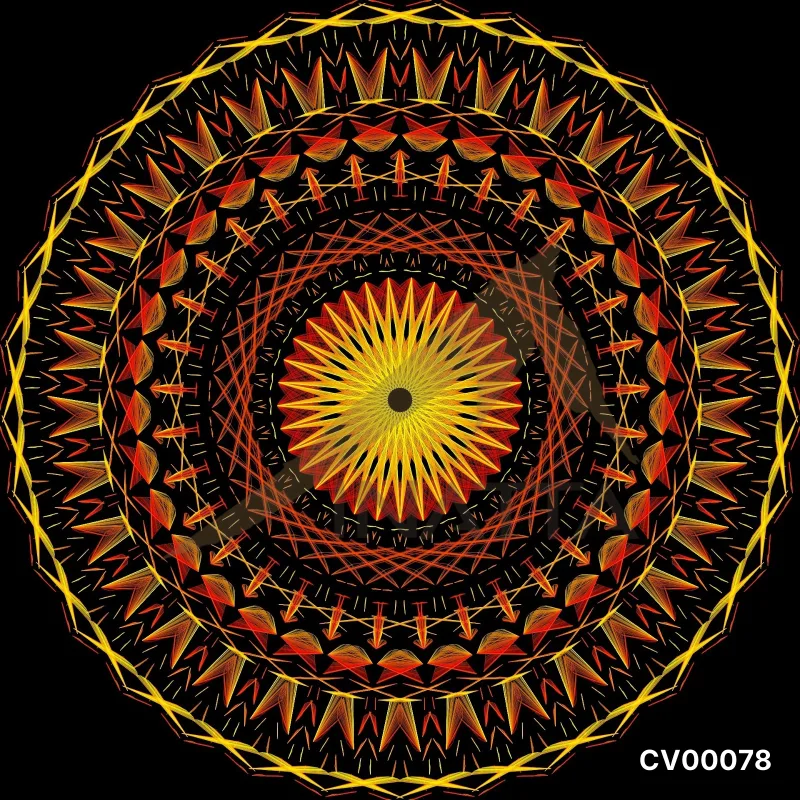 Họa tiết Mandala dạng tròn màu cam và vàng nổi bật trên nền đen huyền bí.