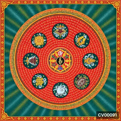 Tranh Mandala Tạng màu đỏ, viền vàng, nền xanh ngọc, tám vòng tròn hoa văn và mặt trời ở tâm