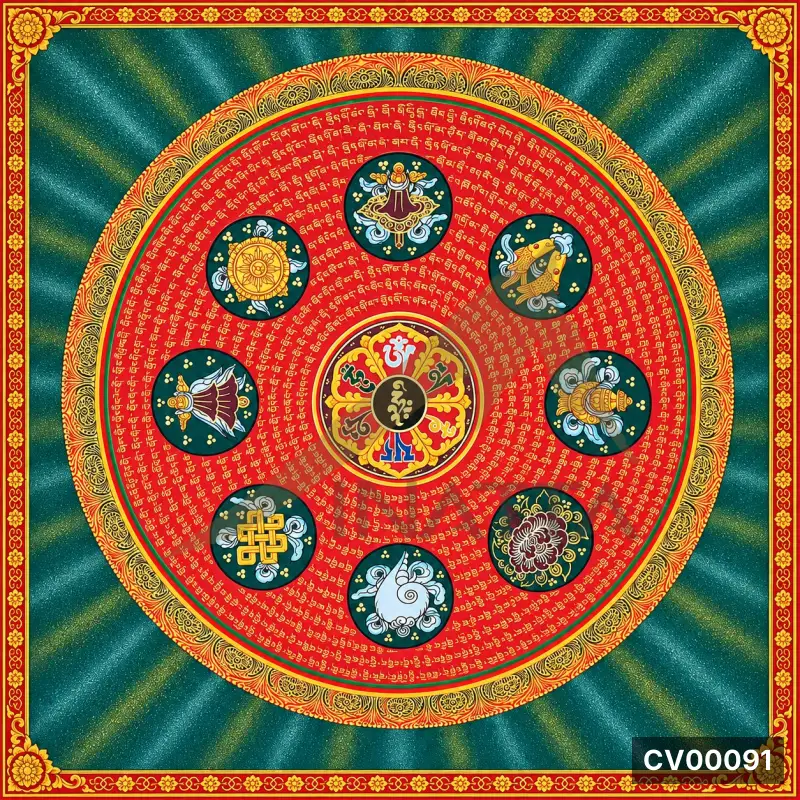 Tranh Mandala Tạng màu đỏ, viền vàng, nền xanh ngọc, tám vòng tròn hoa văn và mặt trời ở tâm