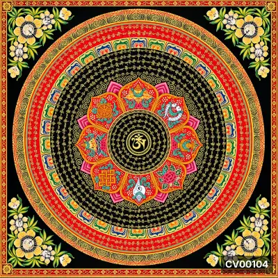 Mandala Tây Tạng với tâm chữ vàng, vòng hoa sen nhiều màu và hàng ô vuông trang trí trên nền đen sâu thẳm.