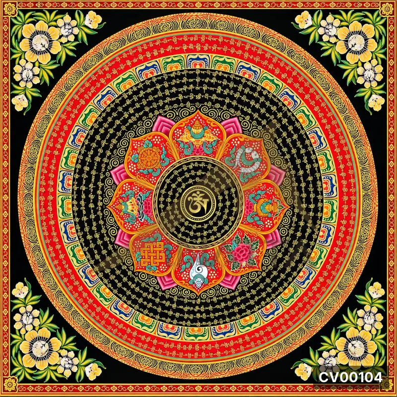 Mandala Tây Tạng với tâm chữ vàng, vòng hoa sen nhiều màu và hàng ô vuông trang trí trên nền đen sâu thẳm.