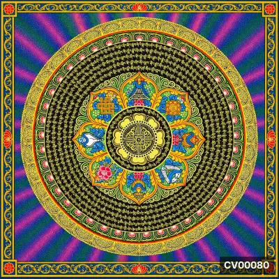 Họa tiết Mandala Phật giáo Tây Tạng đồng tâm với các biểu tượng bát bảo và dòng chữ Phạn trên nền hào quang ngũ sắc.