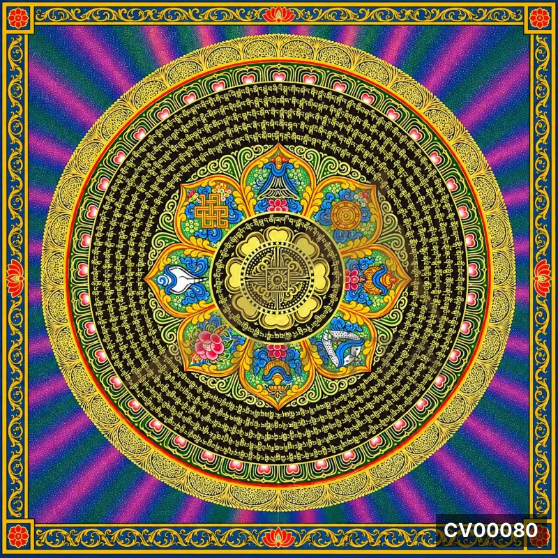 Họa tiết Mandala Phật giáo Tây Tạng đồng tâm với các biểu tượng bát bảo và dòng chữ Phạn trên nền hào quang ngũ sắc.