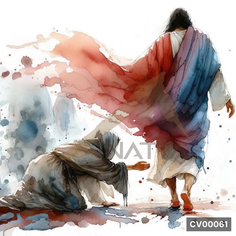 Tranh màu nước tả người phụ nữ quỳ gối chạm gấu áo Chúa Giê-su đang bước đi