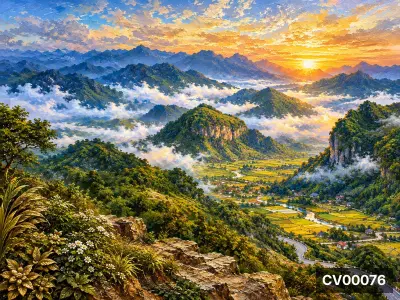 Tranh phong cảnh bình minh rực rỡ trên núi rừng Quản Bạ Hà Giang với mây mù bồng bềnh và thung lũng