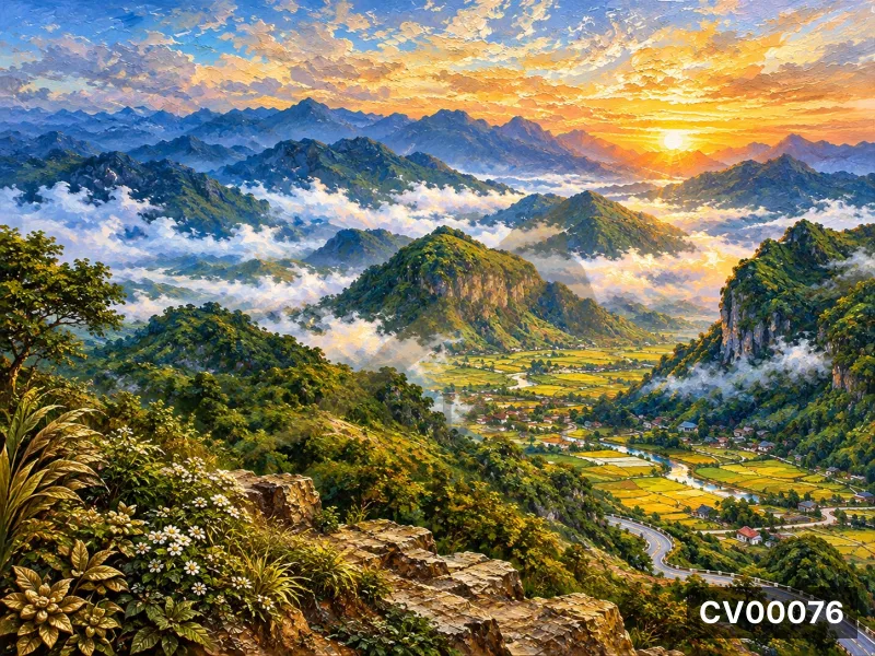 Tranh phong cảnh bình minh rực rỡ trên núi rừng Quản Bạ Hà Giang với mây mù bồng bềnh và thung lũng