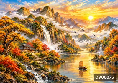 Tranh phong cảnh sơn thủy mùa thu vàng rực rỡ với thác nước, ngôi nhà cổ, thuyền buồm và đàn hạc bay.