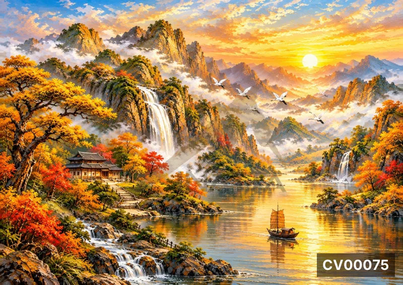 Tranh phong cảnh sơn thủy mùa thu vàng rực rỡ với thác nước, ngôi nhà cổ, thuyền buồm và đàn hạc bay.