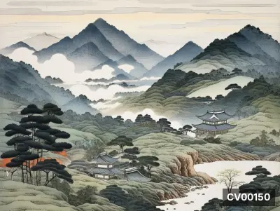 Tranh phong cảnh Nhật Bản với núi xanh, chùa cổ và mây trắng cuộn trào giữa rừng cây tùng.