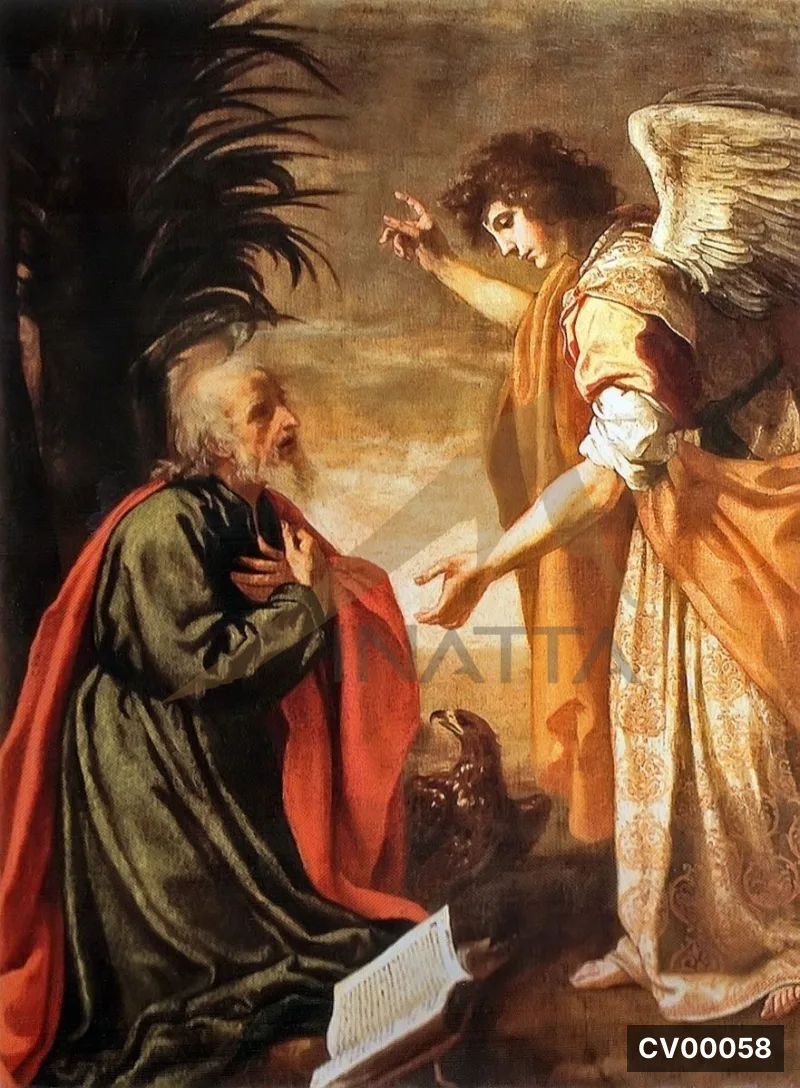 Tranh cổ điển vẽ Thánh Gioan quỳ trước thiên thần mang đôi cánh lớn trên đảo Patmos.