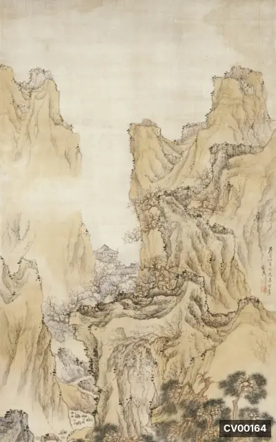 Tranh thủy mạc phong cảnh núi cao dựng đứng, vách đá vàng đất cùng mái đình ẩn hiện giữa làn sương
