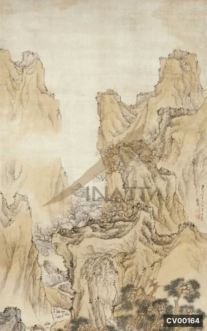 Tranh thủy mạc phong cảnh núi cao dựng đứng, vách đá vàng đất cùng mái đình ẩn hiện giữa làn sương