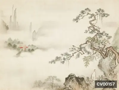 Bức tranh thủy mạc vẽ cảnh cây tùng già bên vách đá và mái đình xa xăm ẩn hiện trong sương mù.