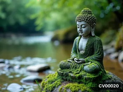 Tượng Phật đá phủ rêu xanh ngồi thiền trên tảng đá giữa rừng, nền là mặt nước trong trẻo và tán lá mờ ảo.