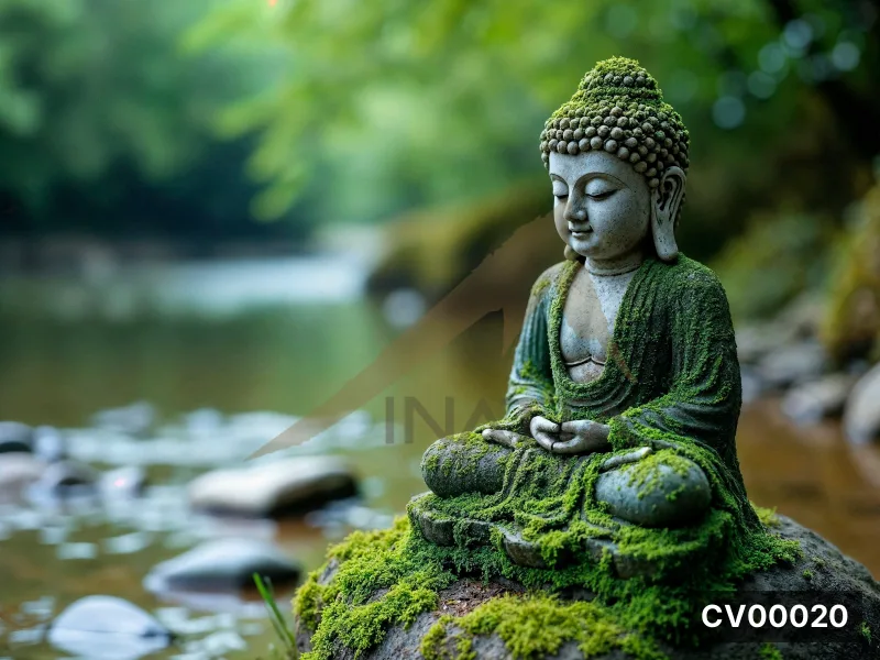 Tượng Phật đá phủ rêu xanh ngồi thiền trên tảng đá giữa rừng, nền là mặt nước trong trẻo và tán lá mờ ảo.