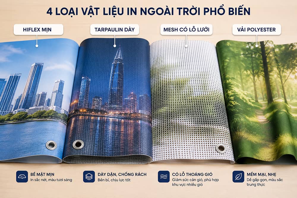 In Ngoài Trời: so sánh Hiflex, bạt che, vải lưới và vải